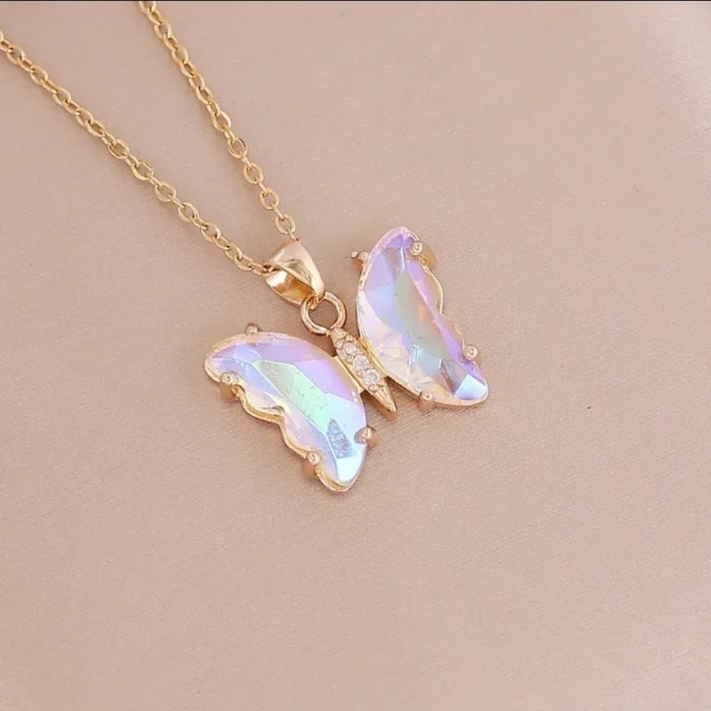18K Gold Plated Stainless Steel Chain, Glass Butterfly Pendant, White/Iridescent